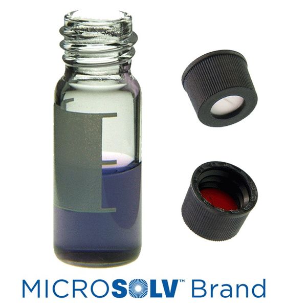 Microsolv Vial & Cap Kit incl. 100 2ml, Wide Mouth, Screw Top, Clear Autosampler Vials with Write-On Patch/fill lines & 100 Black Screw Caps with 