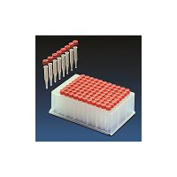 Product Image of DW-Block riplate,PP, 96 w/0,35ml DW mic.ins, 42,5x6mm, Kl.,17mm Sp.,9mm PE Cap.,1,9mm,rot, Si we/PTFE red