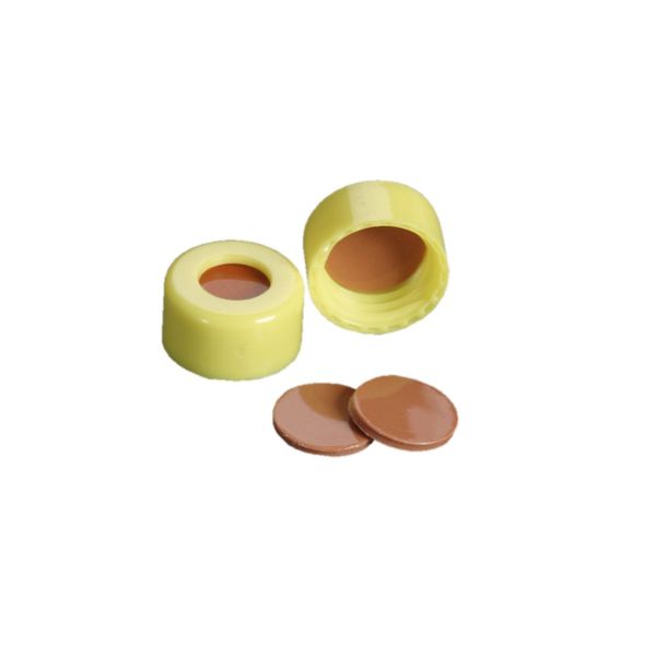 DWK Wheaton 9 mm Schraubkappe, gelb, mit FEP/Naturkautschuk–Septum, Schraubgewinde, 100 St/Pkg