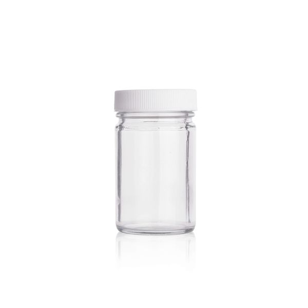 DWK Wheaton 60 ml Testgefäß, klar, AR-Glas, weiße PP-Kappe mit PE-Dichtung, 180 St/Pkg