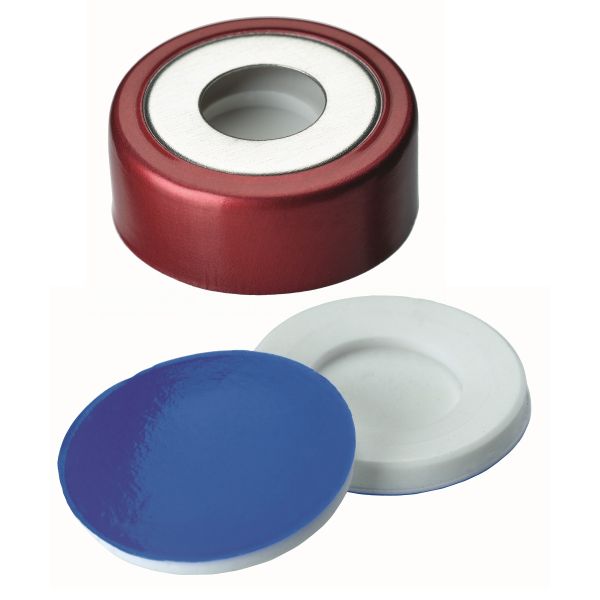 Altmann Analytik Bördelkappe, 20 mm Magnetische Bimetall Kappe, rot lackiert, 8 mm Loch, Silikon weiß/PTFE blau, 3,0 mm, 1000 St/Pkg