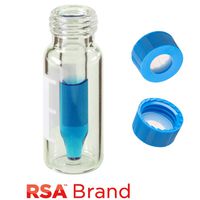 Product Image of Vial & Cap Kit incl. 100 300µl, Fused Insert with a wide tip, Screw Top, Clear RSA™ Autosampler Vials with Write on Patch/fill lines & 100 Light Blue Screw Caps with Clear AQR Silicone Rubber/Clear PTFE, ultra-pure, Pre-Slit fitted Septa, RSA Brand