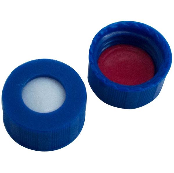 Altmann Analytik 9 mm UltraBond PP Kurzgewindekappe, blau, mit Loch, Silicon weiß/PTFE rot, 55° shore A, 1 mm, 1000 St/Pkg