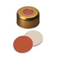 Product Image of Bördelkappe, ND11 Verschluss: Aluminium, gold lackiert mit 5,5 mm Loch, RedRubber/PTFE beige, geprüfte Instrumentenhersteller-Qualität, 1,0 mm, 1000/PAK