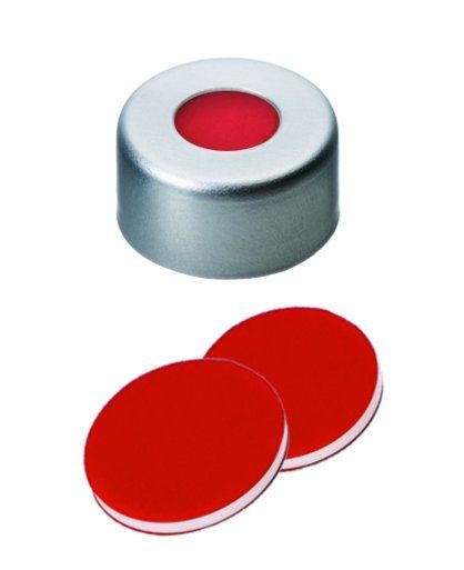 Altmann Analytik 11mm Aluminum Crimp Cap, colorless lacquered, with Hole, Silicone White / PTFE Red, 45 ° Shore A, 1.0mm 1000 pc/PAK