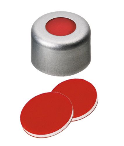 Altmann Analytik ND8 Aluminium Crimp Cap, clear lacquered, 4mm centre hole, PTFE red/Silicone white/PTFE red, 45° shoreA, 1.0mm, 10 x 100 pc/PAK