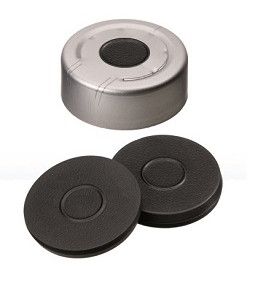 Altmann Analytik Bördelkappe, ND20 Butyl Verschluss: Aluminium Headspace, farblos lackiert, mit Loch, dunkelgrau, 55° shore A, 3,0 mm, 10x100/PAK
