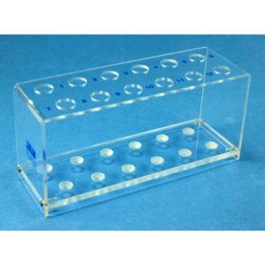Hecht Reagenzglasgestell/Plexiglas für 33 Gläser bis 18mm Durchm. ohne Stäbe Takata-Gestell, alte Nr: HE2808/33