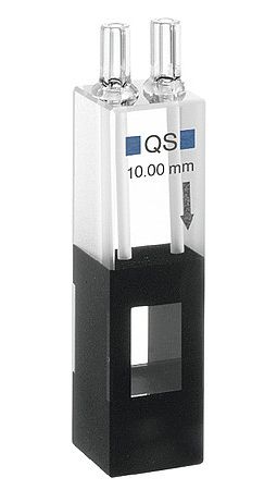 Hellma Flow-Through Cell, Type 175-QS, HP Quartz Glass, WL 200-2500 nm, Pathlength 10 mm, (HxW) 11x6.5 mm, Centerheight 8.5 mm, 750 μl, in/outlet 