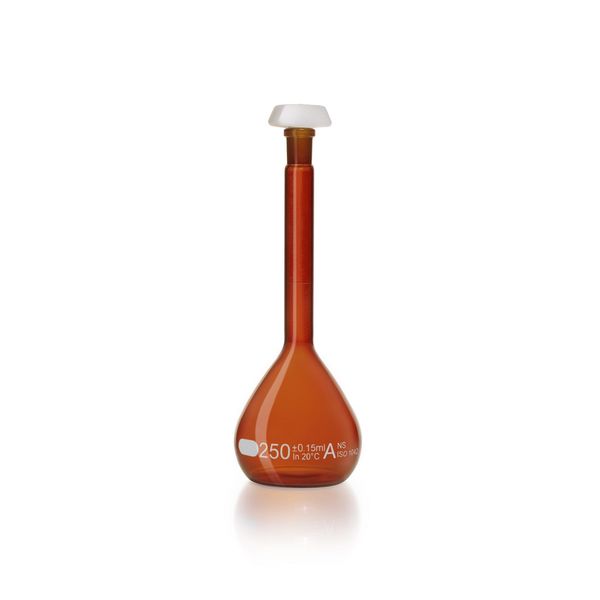 Duran Group Messkolben, braun, NS 14/23, 250 ml, weiße Skala, A, mit Einzelzertifikat, PE-Stopfen, 2 St/Pkg, mit Ringmarke