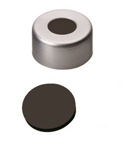 Altmann Analytik ND11 Aluminum Crimp Seal: Aluminum Cap, clear lacquered + centre hole, Viton black, 1000/pac