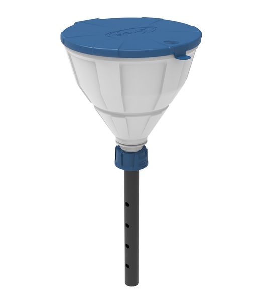 SCAT Kugeltrichter ''ARNOLD'' mit Deckel, V2.0, GL45, HDPE weiß, mit Lanze (220 mm), Spritzschutz und herausnehmbarem Sieb, Trichter-Durchmesser = 200