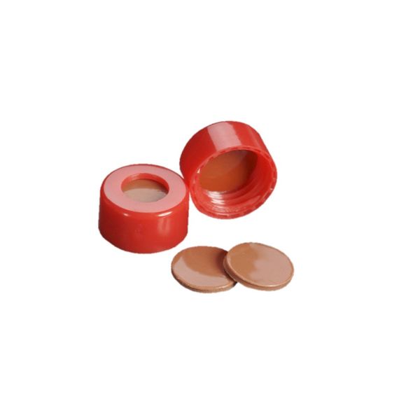 DWK Wheaton 9 mm Schraubkappe, rot, mit FEP/Naturkautschuk–Septum, Schraubgewinde, 100 St/Pkg