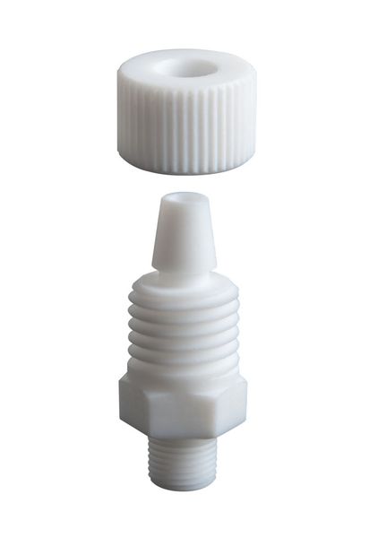 SCAT Klemmverschraubung aus PTFE, NPT 1/8 (m), auf Schlaucholive für Wellschlauch ID 6,5 mm und AD 10 mm mit Sicherungsmutter