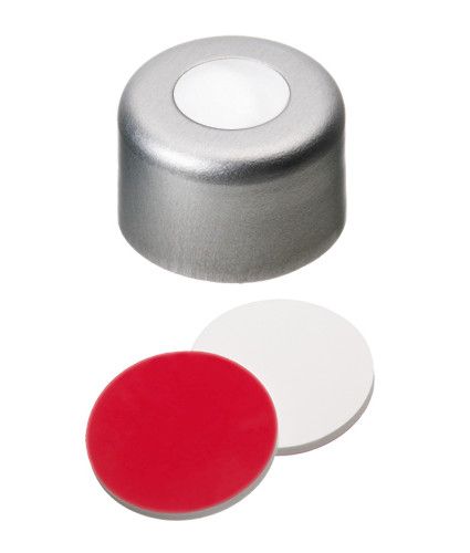 Altmann Analytik Bördelkappe, ND8 Aluminium Kappe farblos lackiert, 4 mm Loch, Silikon weiß/PTFE rot, 45° shore A, 1,3 mm, 10x100/PAK