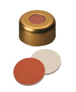 Altmann Analytik ND11 Crimp Seals: Aluminum Cap gold lacquered + centre hole, RedRubber/PTFE beige, 1000/pac