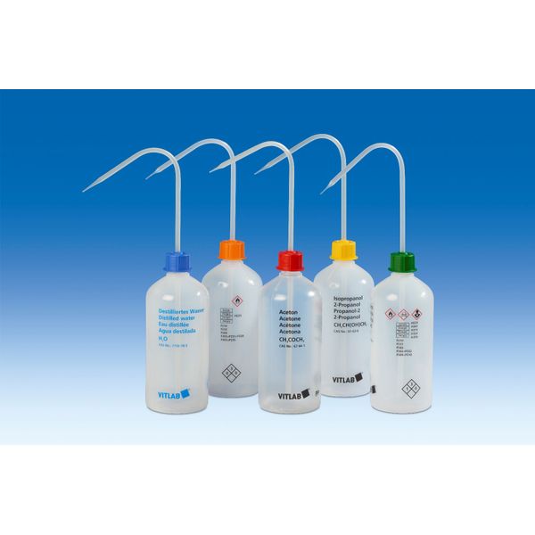 Vitlab VITsafe safety wash-bottle, narrow-mouth, PE-LD, GL32, VENT-CAP, PP, Ethyl acetate, 1000 ml, 12 pc/PAK