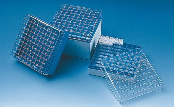 Brand GmbH & Co. KG Lagerbox, PC, f. Kryoröhrchen, stapelbar für 3 4 und 5ml blau für 81 Röhrchen, 5 St/Pkg