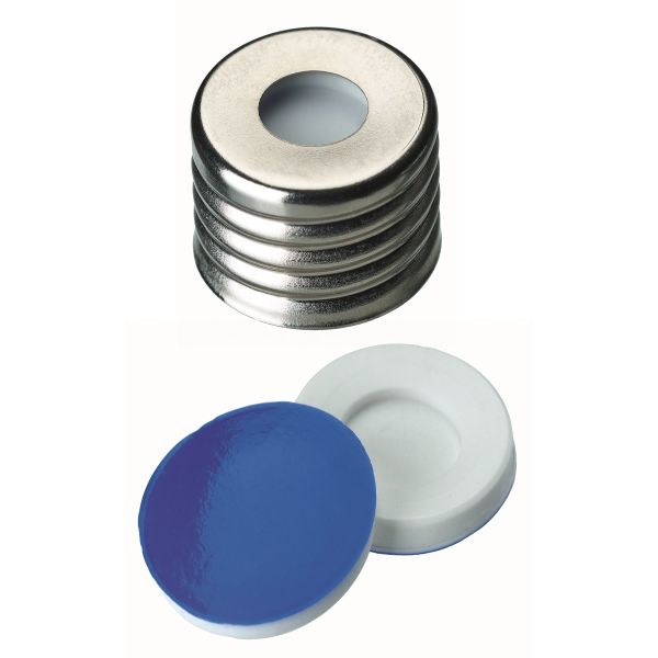 Altmann Analytik 18mm magnetic Universal screw cap, silver, mit hole, silicone white/PTFE blue, 2,1mm, 1000/PAK
