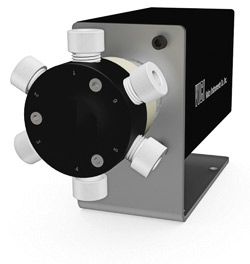 Vici Valco 4 Port 2 Pos Valve, universal electric Actuator, RS232, RS485, 1/2"-20'' Fitting, 3.18 mm Port, 50°C / 100psi, for Liquid, E3/E2
