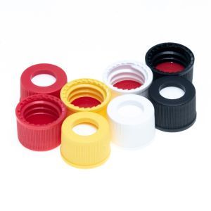 JG Finneran 10-425 mm Blue Open Hole Polypropylene Closure, Red PTFE/Silicone Septa, 0.040" with Slit, 10 x 100 pc/PAK