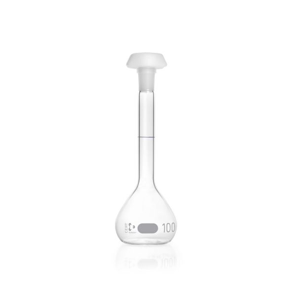 Duran Group Volumetric flask, clear, SJ 14/23, 100 ml, blue graduation, A, IC, PE stopper, 2 pc/PAK