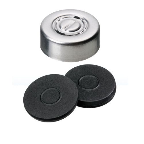 Altmann Analytik ND20 Butyl Verschluss: Aluminium Mittelabrisskappe, farblos lackiert, dunkelgrau, 55° shore A, 3,0mm, 10x100/PAK