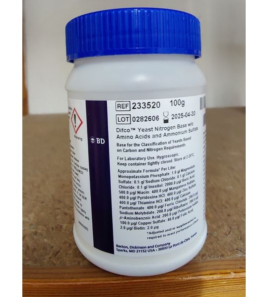 Becton Dickinson Hefe-Stickstoff (Basis) ohne Aminosäuren und Ammoniumsulfat, Yeast Nitrogen Base w/o AA + NH4SO3, DIFCO, 100g