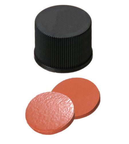 Altmann Analytik 10 mm Schraubverschluss, 10-425, PP schwarz, geschlossen, Naturkautschuk rot-orange/TEF transparent, 60° shore A, 1,3 mm, 10 x 100 St