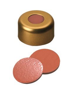 Altmann Analytik ND11 Crimp Seals: Aluminum Cap gold lacquered + centre hole, Nat. Rubber red-orange/Butyl red/TEF transparent, 1000/pac