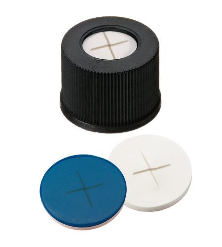 Altmann Analytik Schraubkappe, ND13 Verschluss: PP, schwarz mit 8,5 mm Loch, Silikon weiß/PTFE blau, kreuzgeschlitzt, 1,5 mm, 10x100/PAK