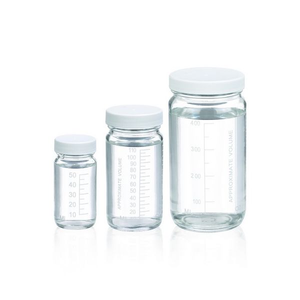 DWK Wheaton Valumetric Flasche, graduiert, Klarglas, 2oz, Schraubkappe, PP, weiß, 38-400 mit PV-Einlage, 42 x 83 mm, 48 St/Pkg