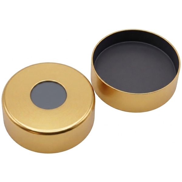 Altmann Analytik 20mm Verschluss: Magnetische Bördelkappe, gold lackiert, mit 8mm Loch; Stanzscheibe Butyl grau/PTFE grau, 55° shore A, 3,0mm, 1000 St