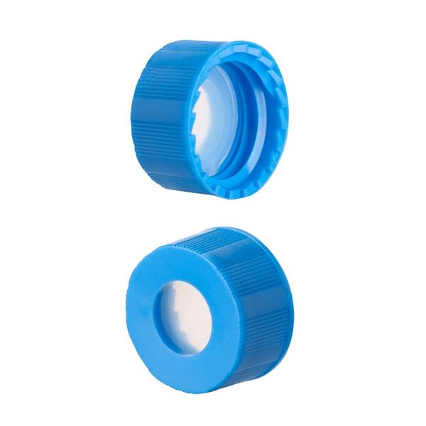 Microsolv Screw Cap with Sil/Rubber/PTFE, ultra-pure Septa, fitted in knurled, PP, light blue Caps. For use with 9-425mm thread, 12x32mm autosampler 