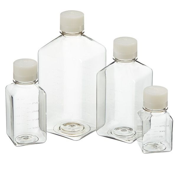 Nalgene Thermo Scientific Medienflaschen, PET klar, Vierkant, 125 ml, mit 38-430 mm Schraubverschluss, graduiert, steril, 4 x 24 St/Pkg