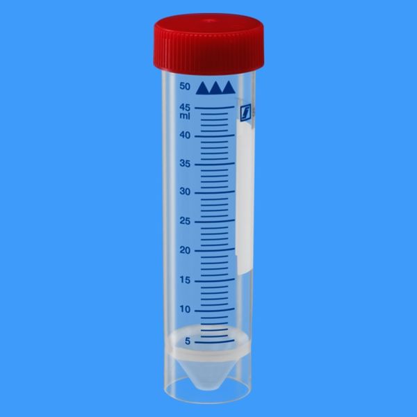 Sarstedt Schraubröhre, PP, 50 ml, (LxØ): 115 x 28 mm, Spitzboden mit Stehrand, transparent, HD-PE Verschluss blau, mit Skalierung, steril, 12 x 25 St/