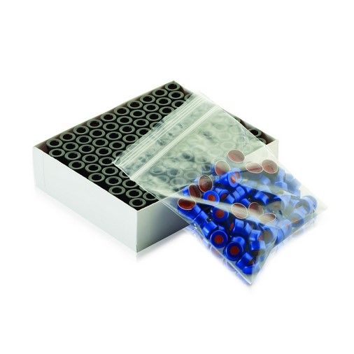 DWK Wheaton 1,8 ml E-Z Fläschchen, 12 x 32 mm, braun, Boro, 11 mm Alu-Bördelkappe blau, Septum 0,002 PTFE/0,038 Gummi rot, 100 St/Pkg