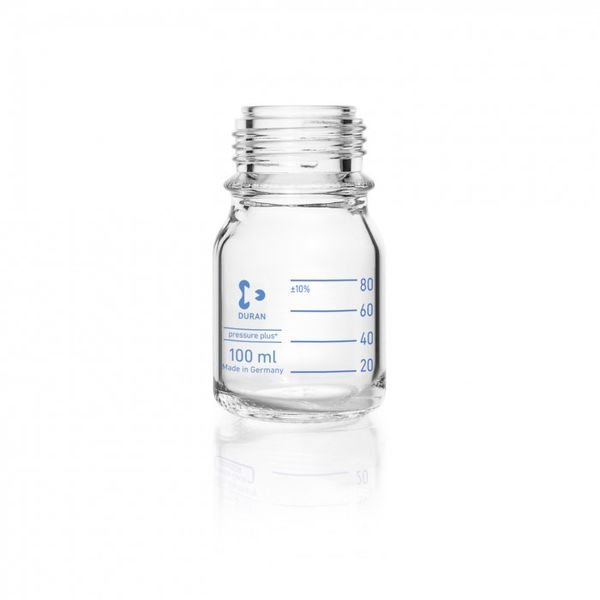 Duran Group DURAN Laborglasflasche GL 45, klar, pressure plus+ druckfest, protect+ kunststoffummantelt (PA12), mit Staubschutzkappe, 100 ml, 10 St/Pkg