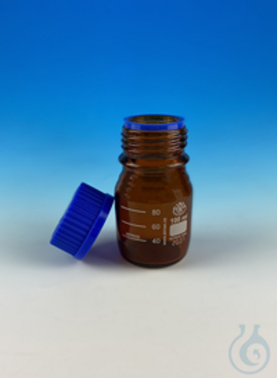 Hecht Gewindeflasche, Braunglas (Borosilikatglas 3.3), mit blauem Verschluss und blauem Ausgießring, mit Teilung 2000 ml