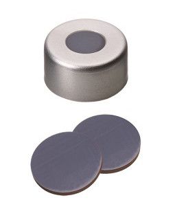 Altmann Analytik Bördelkappe, ND11 Verschluss: Aluminium, farblos lackiert mit 5,5 mm Loch, PTFE grau/Butyl rot/PTFE grau, 1,3 mm, 1000/PAK