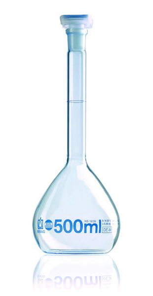 Brand GmbH & Co. KG Volumetric flasks, BLAUBRAND , class A, DE-M, 5.000 ml, NS 34/35, Boro 3.3, with PE stopper, ISO batch certificate