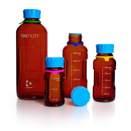 Duran Group DURAN YOUTILITY bottle, amber, graduated, GL 45, cyan screw-cap and puring ring, PP, 125 ml, 4 pc/PAK