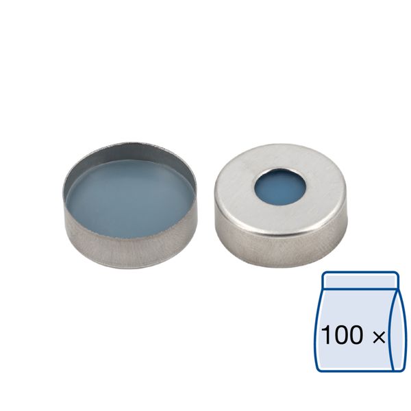 Macherey-Nagel ND20 Magnetische Bördelkappe, silber, 8 mm Loch Silikon blau transparent/PTFE farblos, Härte: 45° shore A, Septendicke: 3 mm, 100 St/