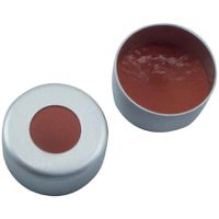 Product Image of 11 mm Magnetische Bördelkappe, silber lackiert, mit Loch, PTFE rot/Silicon weiß/PTFE rot, 45° shore A, 1 mm, 1000 St/Pkg
