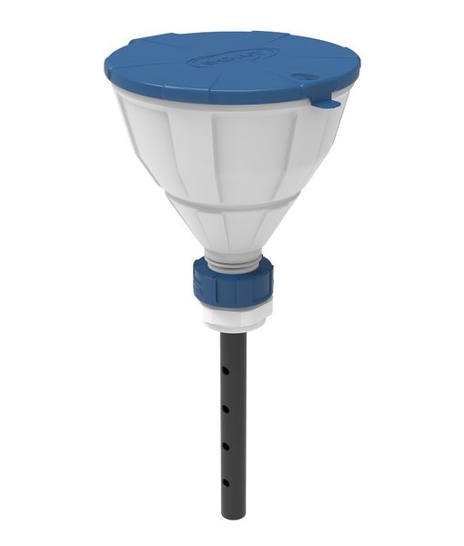 SCAT Funnel ''ARNOLD'' with ball-valve and lid, V2.0, S51, HDPE white, with lance (220 mm), splash guard and removable sieve, funnel diameter = 200 mm