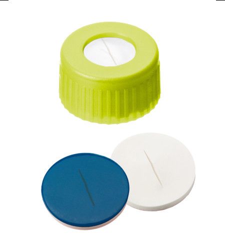Altmann Analytik ND9 PP Short Thread Cap, yellow, 1,0mm, Silicone white/PTFE blue, with slit, 1000/pac