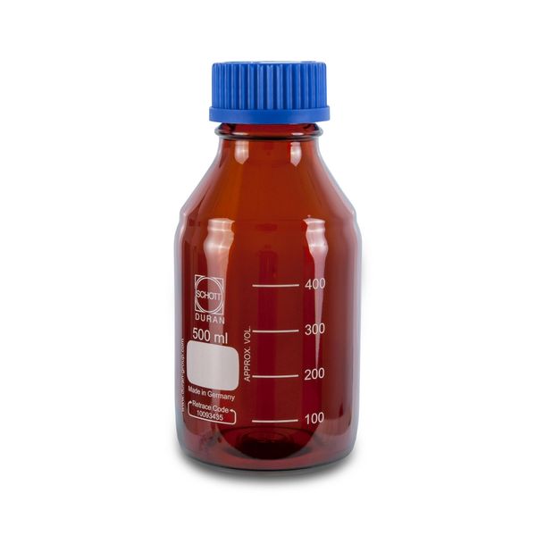 SCAT Enghalsflasche DURAN Borosilikatglas, GL45, 500 ml, rund, braun, mit Kappe und Ausgießring
