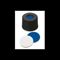 Schraubkappe, ND8 Silikon dunkelblau/PTFE weiß UltraClean Verschluss (PP), schwarz, 5,5 mm Loch, 8-425 Gewinde, 45°shore A, 1,3 mm, 10x100/PAK