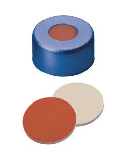 Altmann Analytik ND11 Crimp Seals: Aluminum Cap blue lacquered + centre hole, RedRubber/PTFE beige, 1000/pac