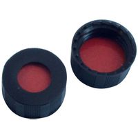 Product Image of 9 mm PP screw cap, black, with hole, 9 mm Septum, natural rubber red orange/TEF transparent, 55 shore A, 1 mm, 1000 pc/PAK